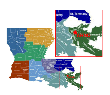 ARNO is located in Jefferson Parish, Louisiana, a parish that extends all the way to the Gulf of Mexico.