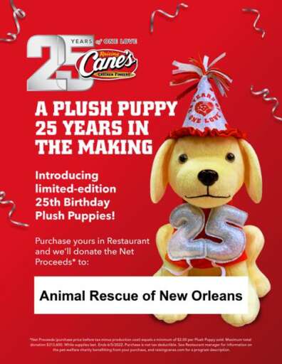 Raising Cane’s 25th Anniversary Plush Puppy to Benefit ARNO!